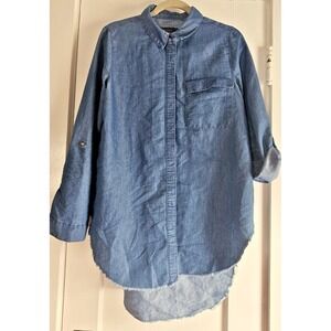 Cavalini denim collection woman L raw hem high low‎ roll tab sleeve